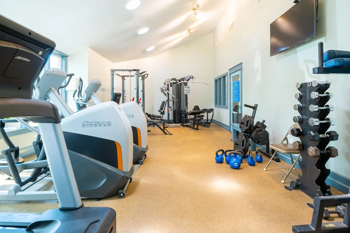 A well-equipped fitness center filled with treadmills, weight machines, dumbbells, kettlebells, and a TV, set in a bright, motivating atmosphere. The space is tailored for both individual workouts and group fitness sessions.
